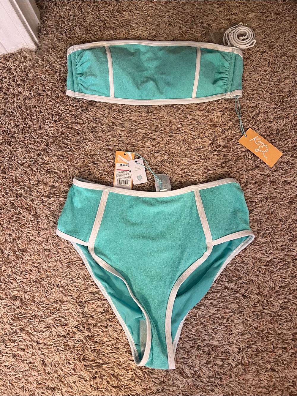 Kona Sol Teal Bandeau Bikini with White Trim